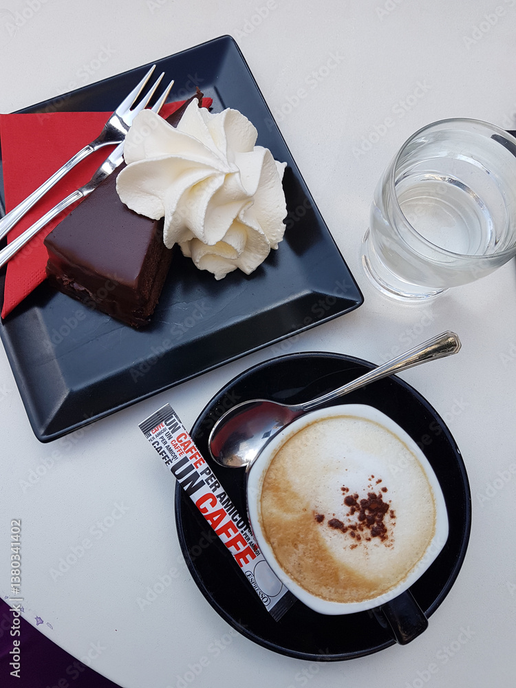 cup of coffee with traditional austrian chocolate cake