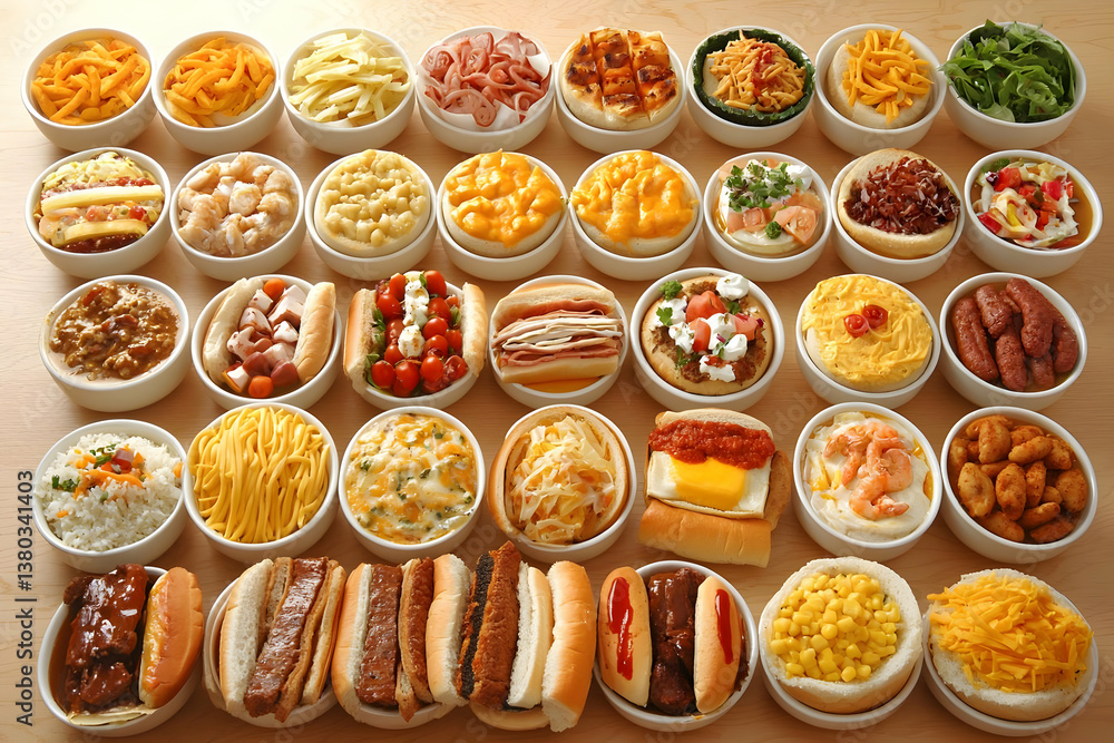 Diverse miniature food dishes arranged on a table Diverse miniature food dishes arranged on a table