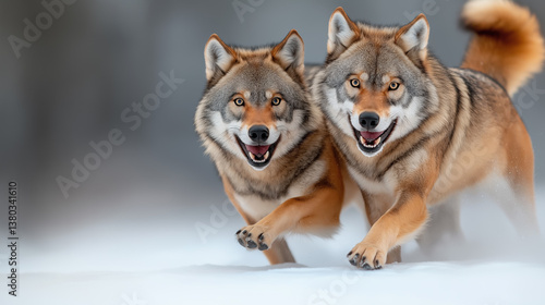Two wolves running through snow in a winter landscape