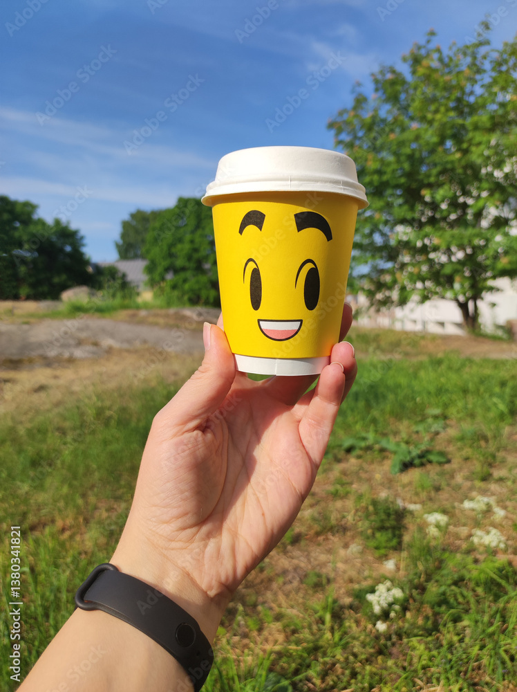 Yellow paper coffee cup with smiley face in hand on nature background