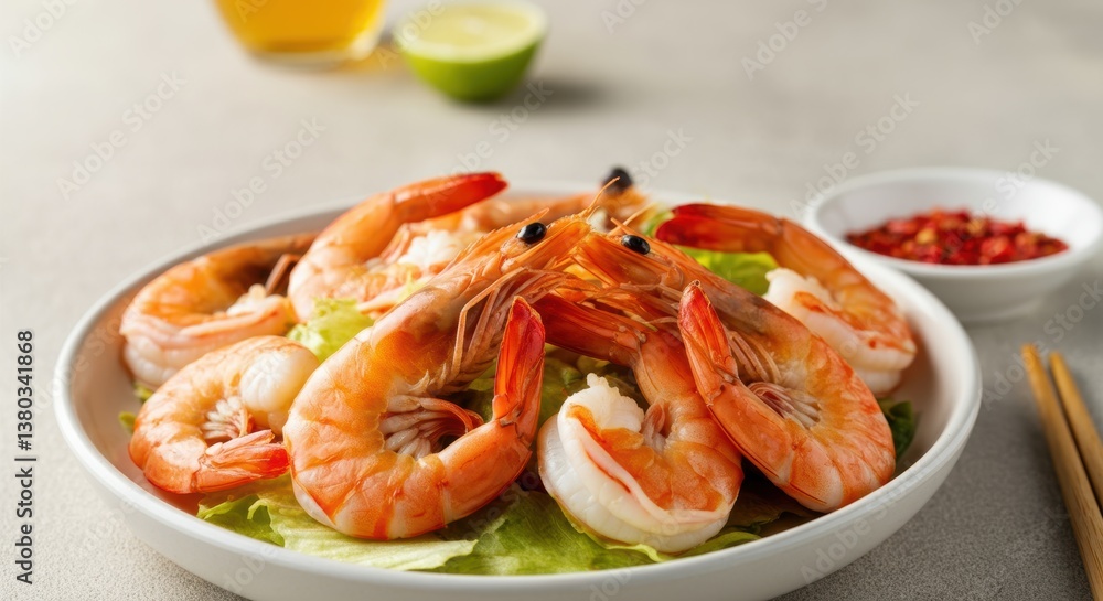 Delicious boiled shrimp on lettuce with lime and chili Delicious boiled shrimp on lettuce with lime and chili