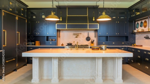 Sophisticated kitchen with navy cabinetry and elegant brass hardware and light fixtures. Large island in the center with countertop.