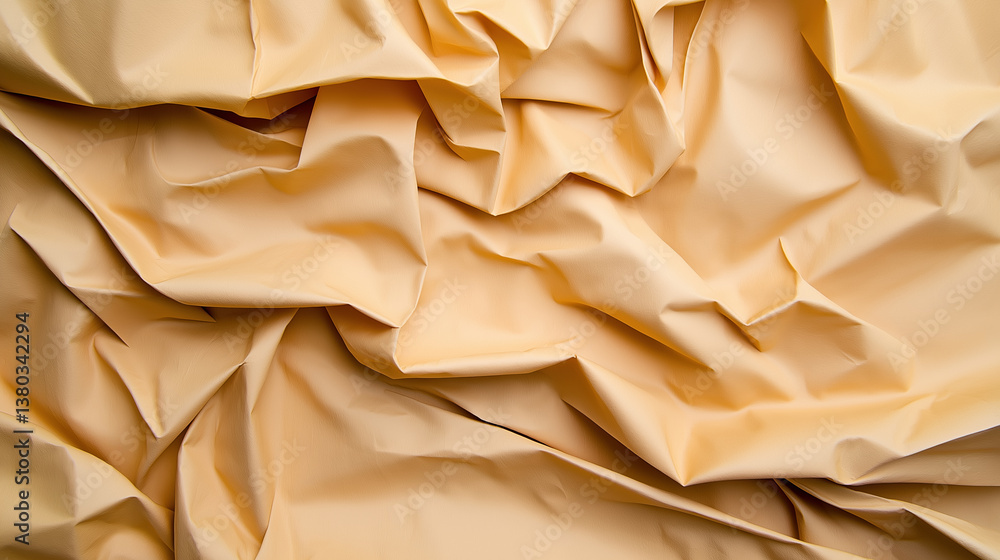 Textured fabric with folds and creases in warm beige color Textured fabric with folds and creases in warm beige color