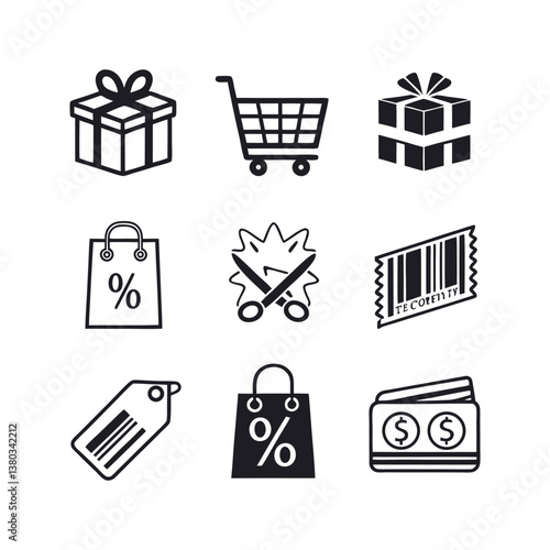 Set of icons related to shopping, e-commerce, gifts, supermarket, sale. Collection of solid icons.