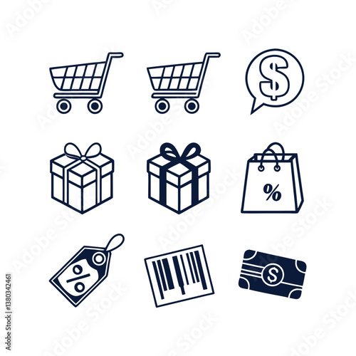 Set of icons related to shopping, e-commerce, gifts, supermarket, sale. Collection of solid icons.