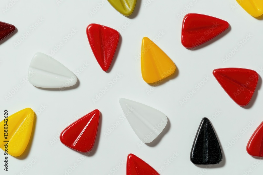 Fototapeta premium Colorful triangular shapes scattered on white surface create pla