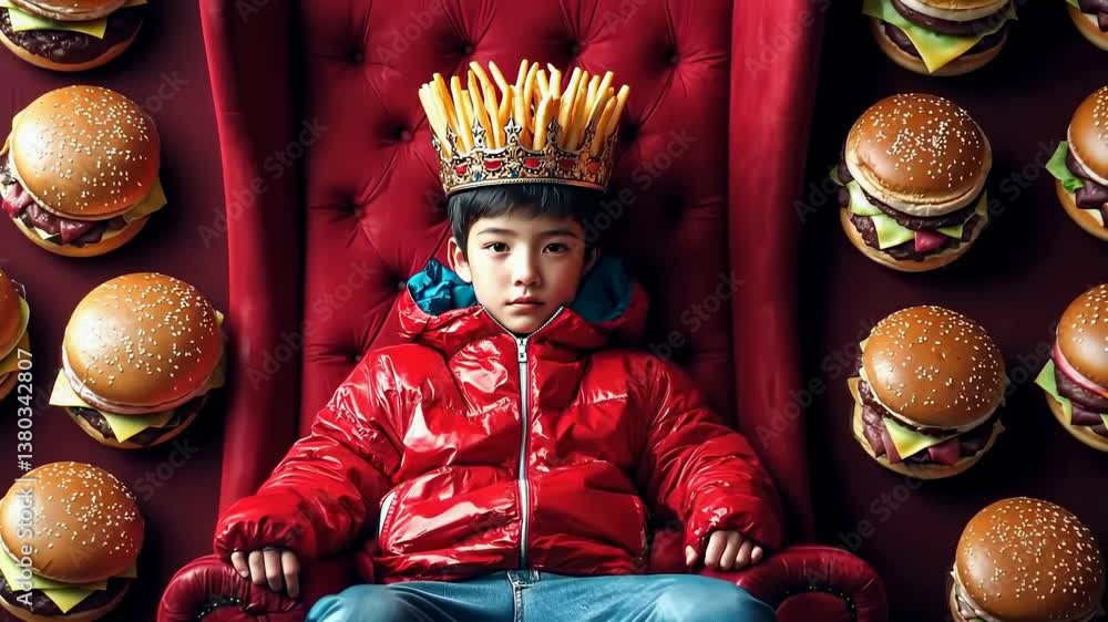 asian Boy king with french fries crown sitting on red throne surrounded by burgers	