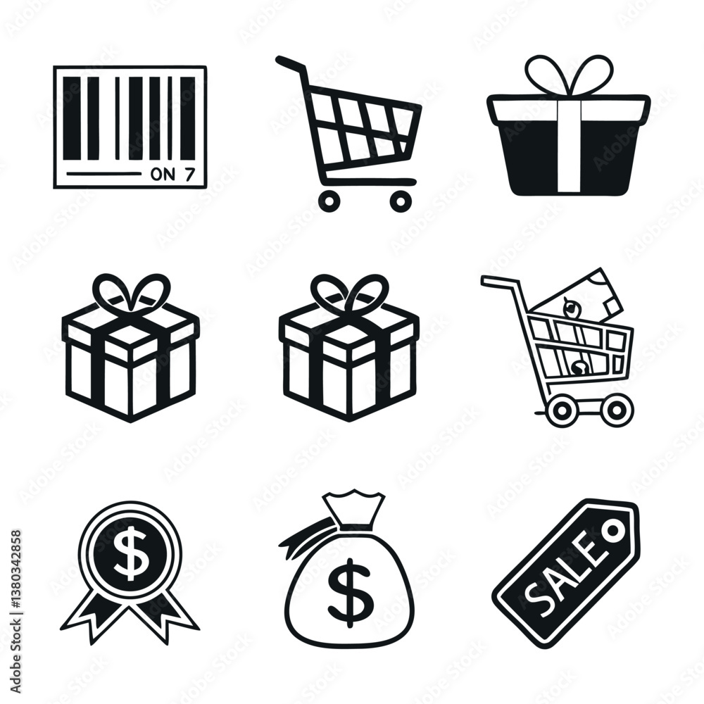 Set of icons related to shopping, e-commerce, gifts, supermarket, sale. Collection of solid icons. Set of icons related to shopping, e-commerce, gifts, supermarket, sale. Collection of solid icons.