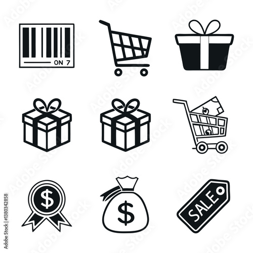 Set of icons related to shopping, e-commerce, gifts, supermarket, sale. Collection of solid icons.