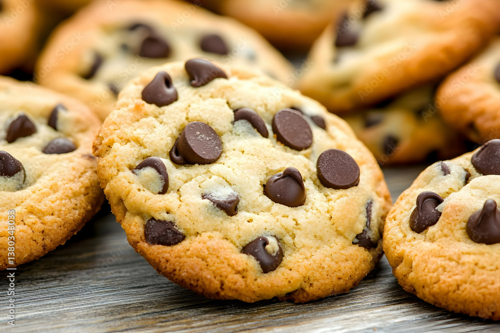 Close up of chocolate chip cookies on a wooden table. Possible use Dessert photography Close up of chocolate chip cookies on a wooden table. Possible use Dessert photography