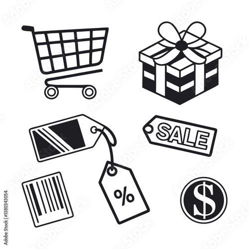 Set of icons related to shopping, e-commerce, gifts, supermarket, sale. Collection of solid icons.