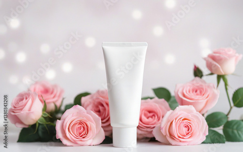 blank white cosmetic cream bottle on bokeh background and roses, mockup