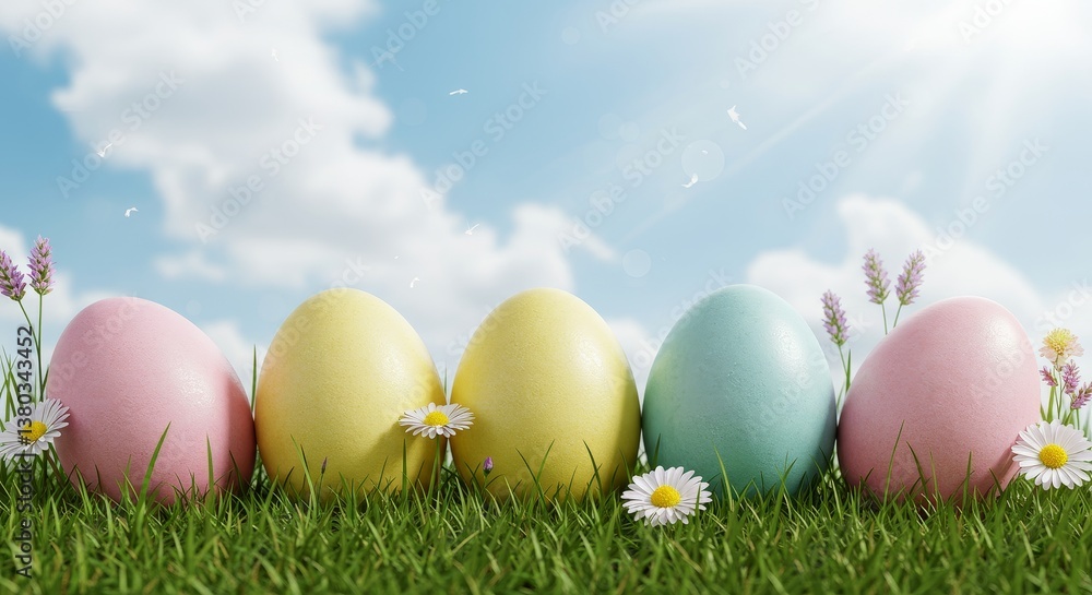 A whimsical Easter Bunny peeking out from behind a large painted egg, surrounded by lush green grass and small, colorful wildflowers. The scene is bathed in soft, golden-hour sunlight, with a distant A whimsical Easter Bunny peeking out from behind a large painted egg, surrounded by lush green grass and small, colorful wildflowers. The scene is bathed in soft, golden-hour sunlight, with a distant