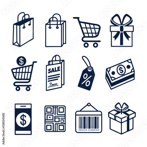 Set of icons related to shopping, e-commerce, gifts, supermarket, sale. Collection of solid icons.