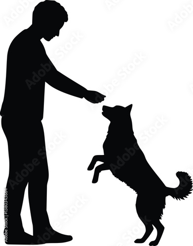 Silhouette of Dog performing trick for trainer with raised paws and attentive gaze