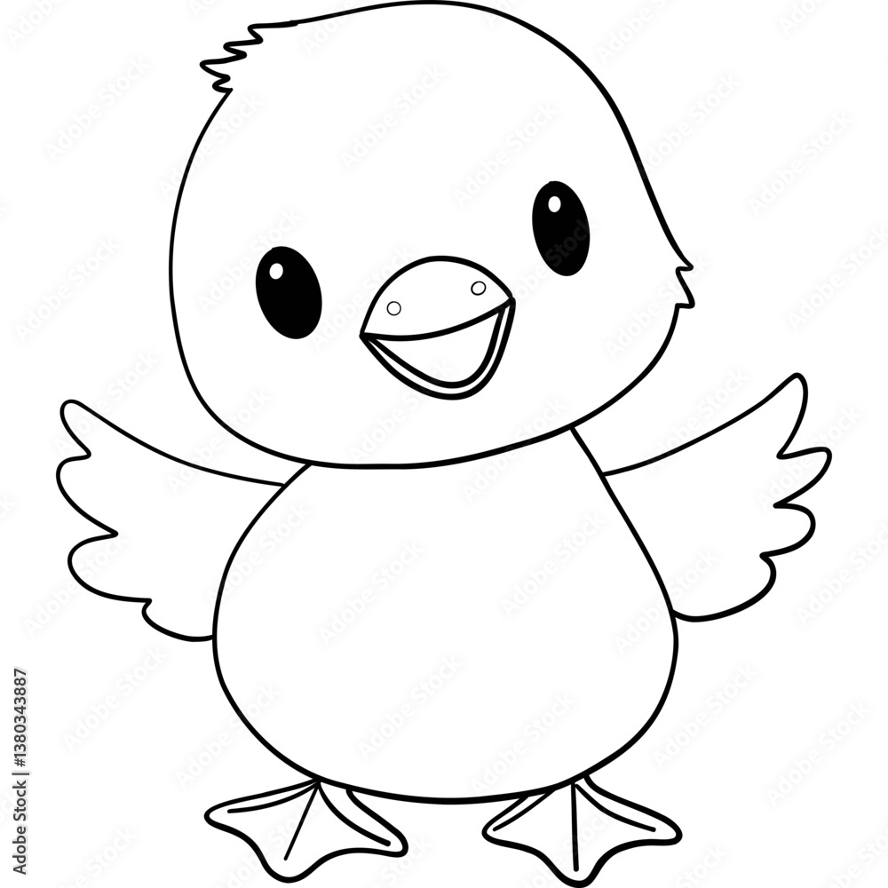 Obraz premium Farm theme, Cute cartoon duckling with a happy expression and flapping wings. Outline for coloring .