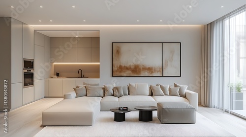 Sleek kitchen corner flowing into minimalist living room, white and sand color palette, smart lighting, natural wood floors, abstract art adding subtle contrast. Created Using: clean layout design,