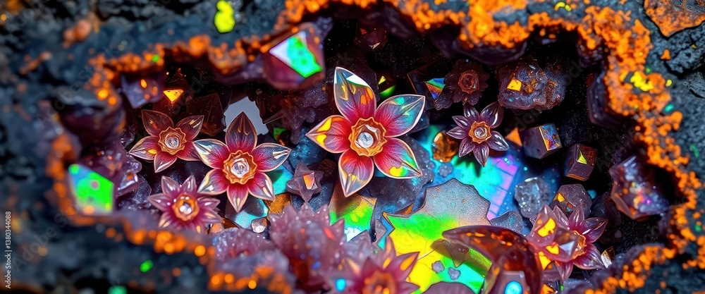 Intricate ammolite geode, iridescent flower-like formations within crystalline structure, design, background, opal Intricate ammolite geode, iridescent flower-like formations within crystalline structure, design, background, opal