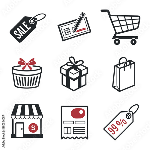 Set of icons related to shopping, e-commerce, gifts, supermarket, sale. Collection of solid icons.
