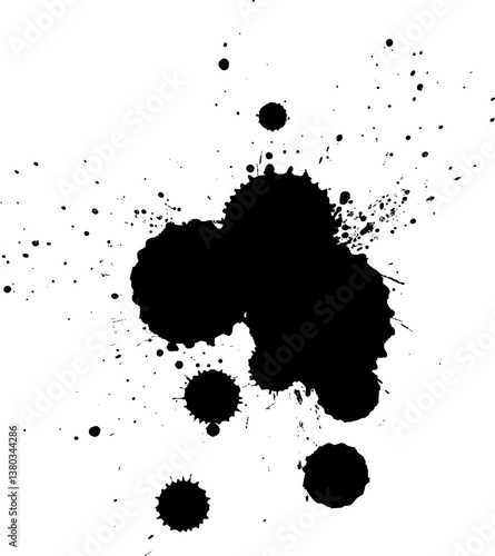 black ink brush painting dropped splatter splash on white background