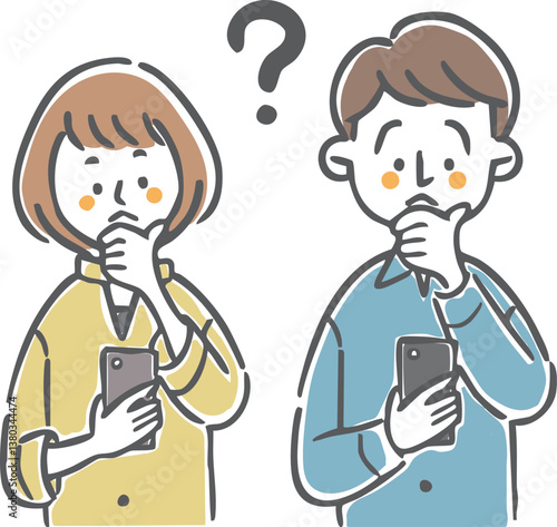 スマホを操作して疑問顔を持つ若い夫婦　上半身　ベクター
