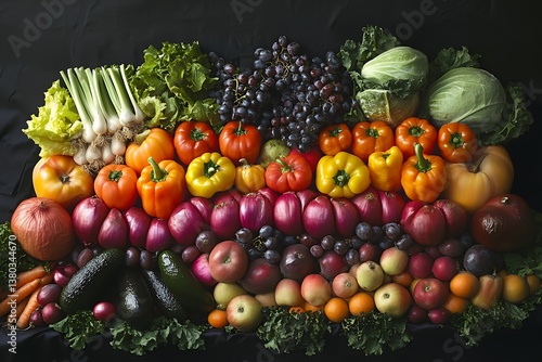 Fototapeta Naklejka Na Ścianę i Meble -  A vibrant autumn harvest bounty, a cornucopia of colorful fruits and vegetables overflowing with the richness of nature's gifts, beautifully arranged against a dark background.