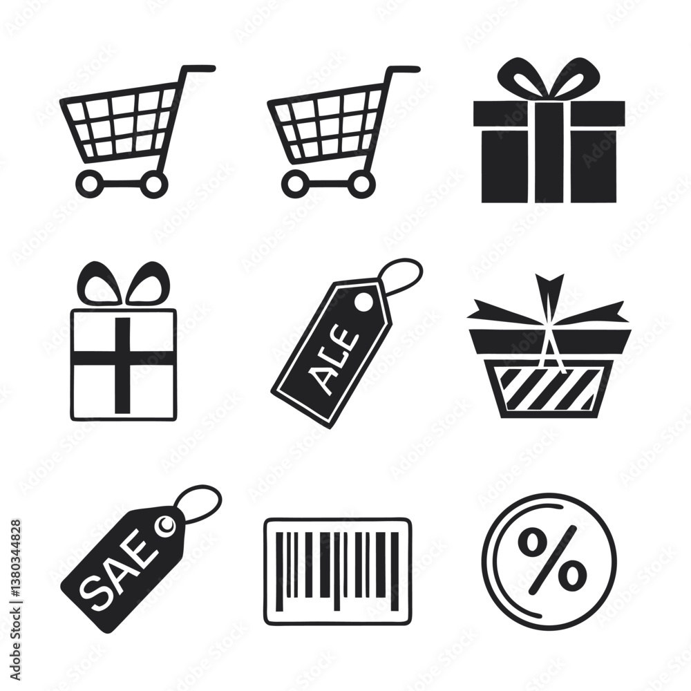 Set of icons related to shopping, e-commerce, gifts, supermarket, sale. Collection of solid icons. Set of icons related to shopping, e-commerce, gifts, supermarket, sale. Collection of solid icons.
