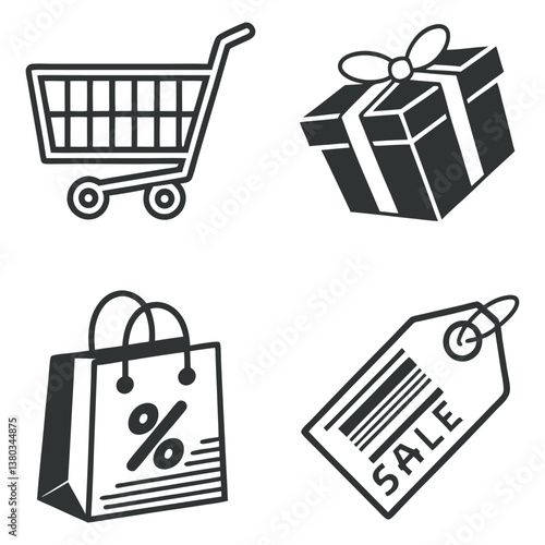Set of icons related to shopping, e-commerce, gifts, supermarket, sale. Collection of solid icons.