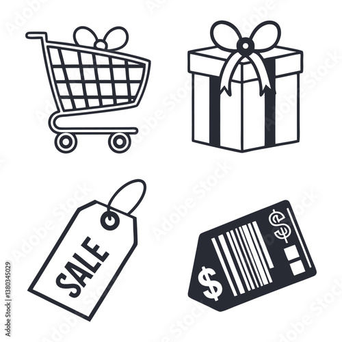 Set of icons related to shopping, e-commerce, gifts, supermarket, sale. Collection of solid icons.