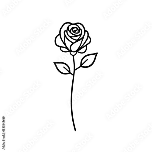 Rose Icon in Outline Style, Black and White, Represents Love  