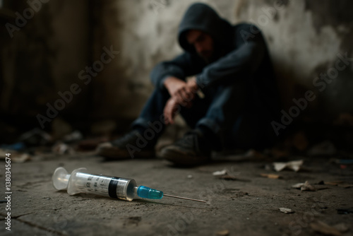 Close-up of a syringe on a table with blurred man sitting in despair behind – addiction crisis representation, substance abuse awareness, mental health campaigns.