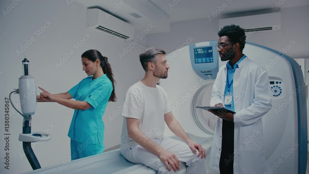 Male patient sitting on MRI table describing condition while his doctor offers comfort, holding clipboard and asking health questions. Female nurse in scrubs adjusting settings on diagnostic machine. Male patient sitting on MRI table describing condition while his doctor offers comfort, holding clipboard and asking health questions. Female nurse in scrubs adjusting settings on diagnostic machine.