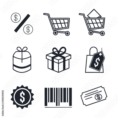Set of icons related to shopping, e-commerce, gifts, supermarket, sale. Collection of solid icons.