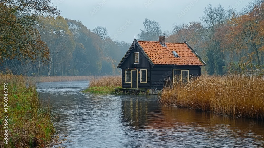 Fototapeta premium Waterside house on tranquil canal amidst autumn foliage under overcast sky