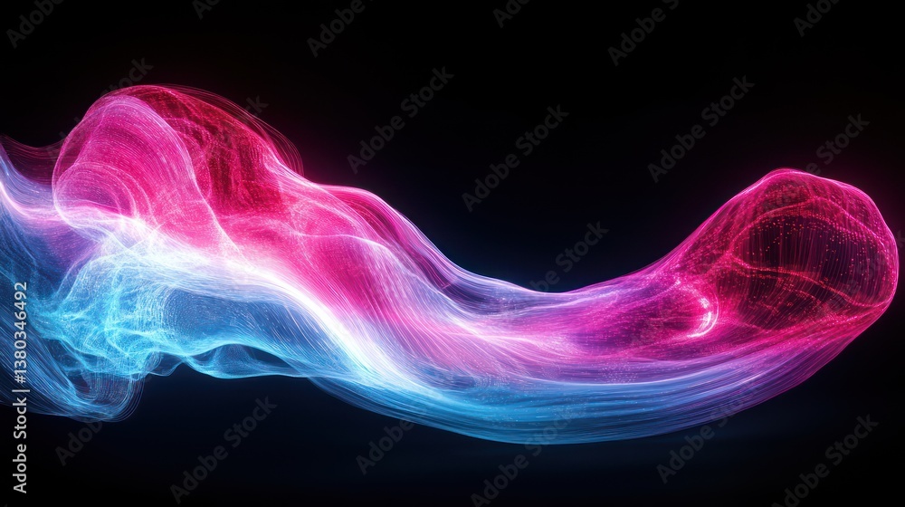 Fototapeta premium A translucent, wave-like figure in bright pink and electric blue, glowing softly against a deep black background