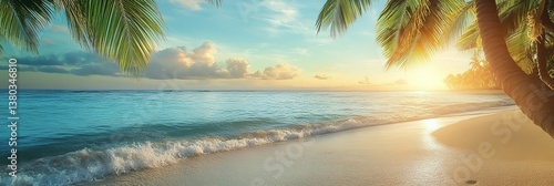 Stunningly realistic beach scene, with crystal clear turquoise waters, golden sands, and lush palm trees swaying in a gentle breeze, sunset over the ocean, Wide background