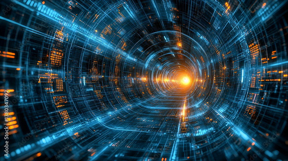 Obraz premium Futuristic data tunnel, glowing light, digital flow, abstract background, tech concept