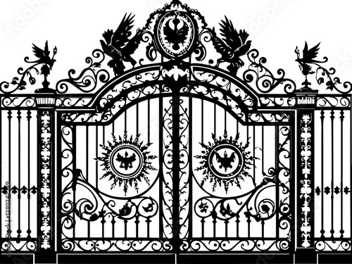 Fantasy mythological wrought iron gates in SVG and vector formats. Elegant Ornate Black Iron Gate with Decorative Elements