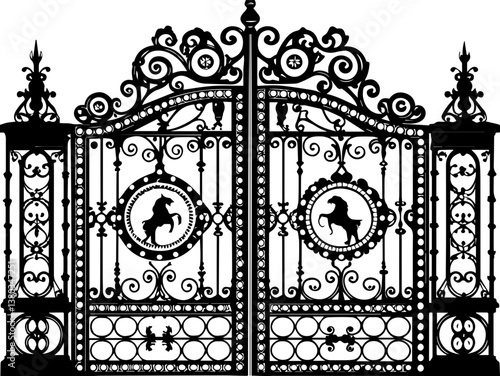 Fantasy mythological wrought iron gates in SVG and vector formats. Ornate Decorative Iron Gate Design with Horse Motifs