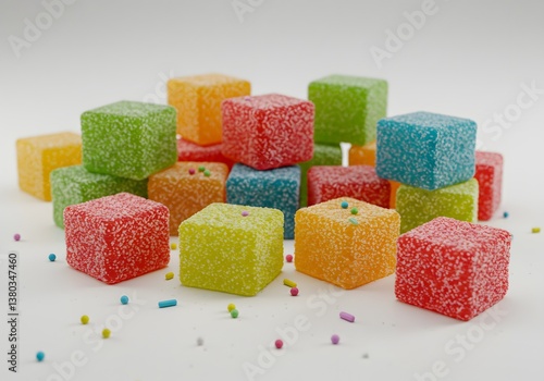 Colorful Gummy Candy Cubes Pile Sweet Treats, Sugar Coated, Assorted Flavors, Sprinkles, Close-up, White Background.