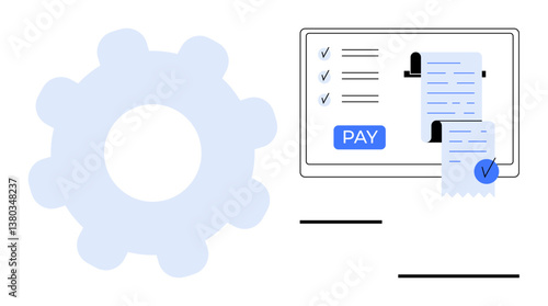 Gear icon next to a computer screen displaying a checklist, receipts, and a PAY button. Ideal for online transactions, e-commerce, invoices, payment verification, digital wallets, automated billing
