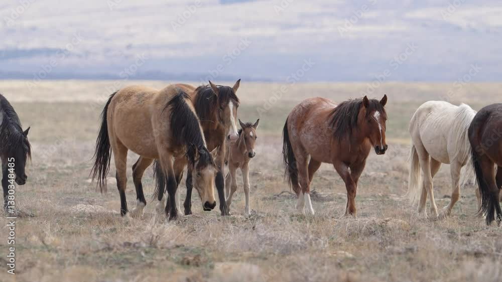 Wild horses from the Onaqui Mountain herd with a new pony in the Utah desert. Wild horses from the Onaqui Mountain herd with a new pony in the Utah desert.