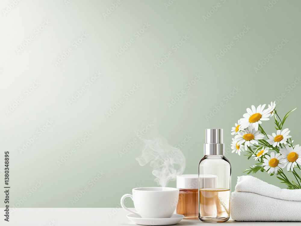 Minimalist 2D Spring Mock-Up: Girly Lifestyle Elements Featuring Facial Mist, Chamomile Tea Cup, and Linen Towel with Creamy White to Pastel Green Background, Spacious Copy Area
Minimalist 2D Spring Mock-Up: Girly Lifestyle Elements Featuring Facial Mist, Chamomile Tea Cup, and Linen Towel with Creamy White to Pastel Green Background, Spacious Copy Area