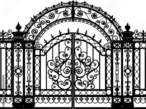 Garden entrance wrought iron gates in SVG and vector formats.Elegant Ornate Iron Gate Design with Decorative Patterns