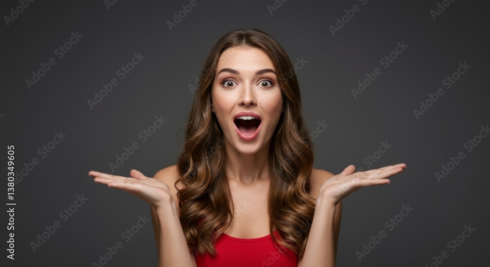 Womans excited expression, showcasing something. Womans excited expression, showcasing something.
