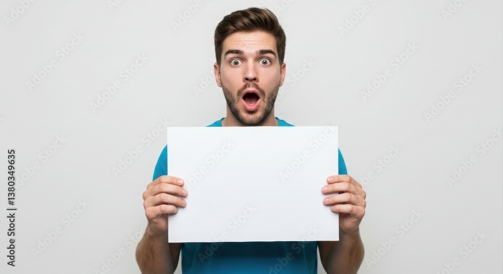 Man holding blank sign with surprised expression. Man holding blank sign with surprised expression.