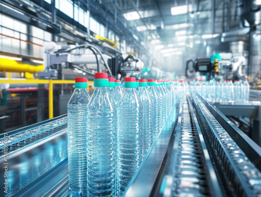 Fototapeta premium Bottles move along conveyor belt in a modern manufacturing facility