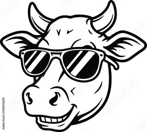 Cow wearing sunglasses in a playful and cool silhouette. Funny farm animal vector illustration in black and white outline style