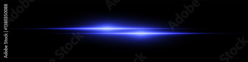 Bright horizontal beam of light on black background. Glowing laser effect creating futuristic and sci-fi aesthetics. Suitable for technology, energy, speed and digital design themes.