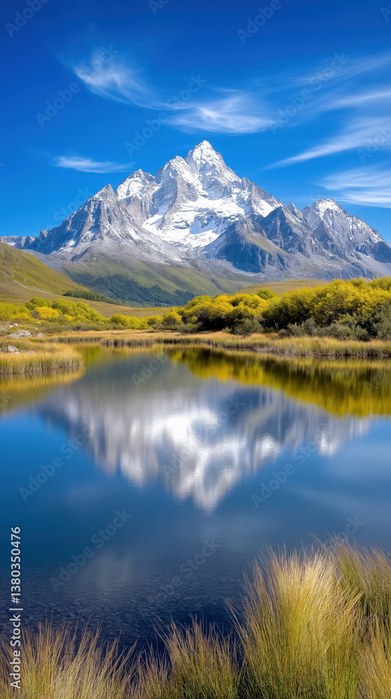 Snow-capped mountain reflections in clear lake under blue sky Snow-capped mountain reflections in clear lake under blue sky